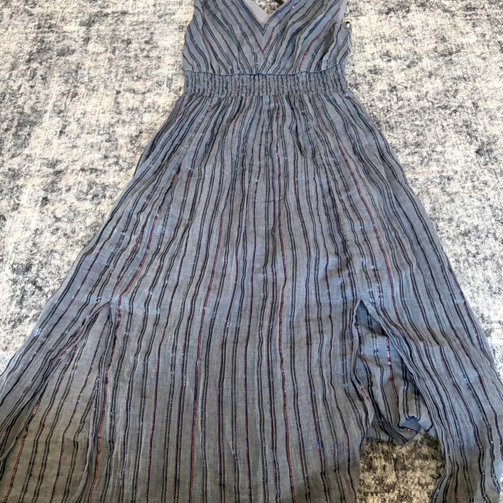 INC Midi Shimmer Dress‎ Womens Blue Purple Striped Smocked Waist Metallic Slit - Picture 7 of 11